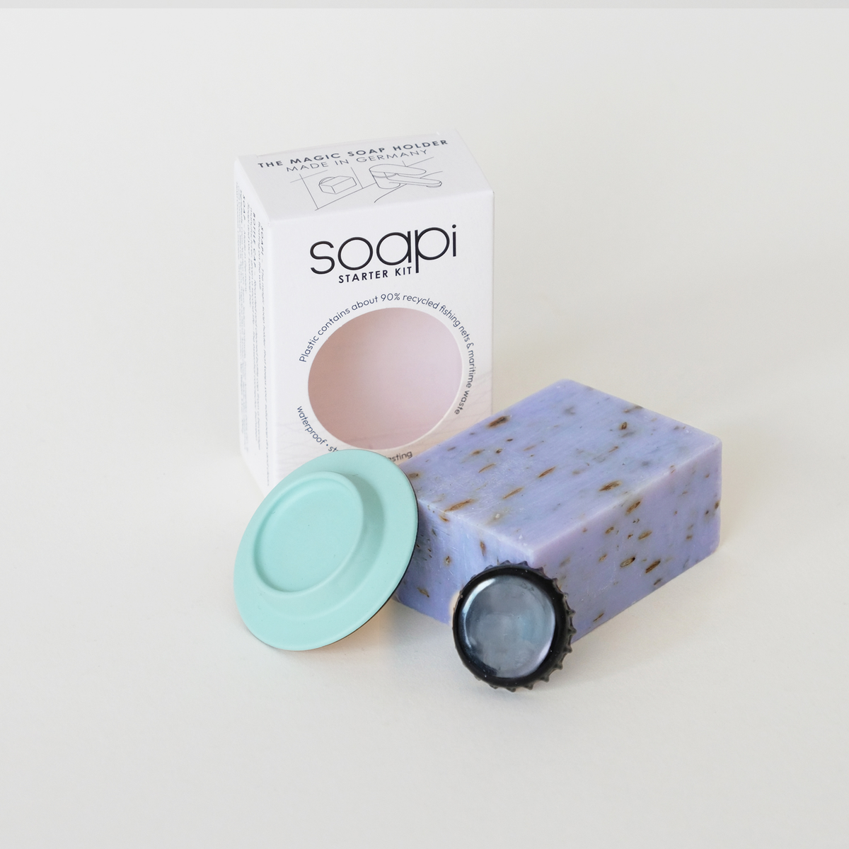 Soapi Starter-Kit mit Seifenhalter mit Magnet, Lavendelseife und Kronkorken